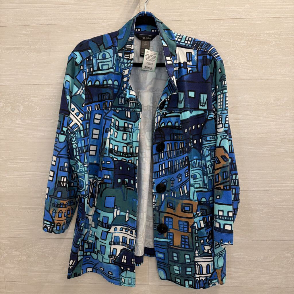 Ali Miles Blue/ Multi Print Long Sleeve Jacket Top Extra Large