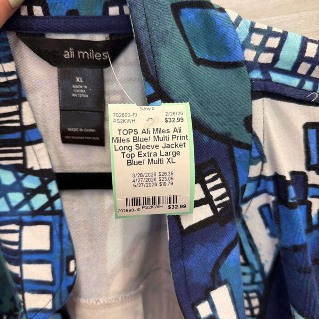 Ali Miles Blue/ Multi Print Long Sleeve Jacket Top Extra Large