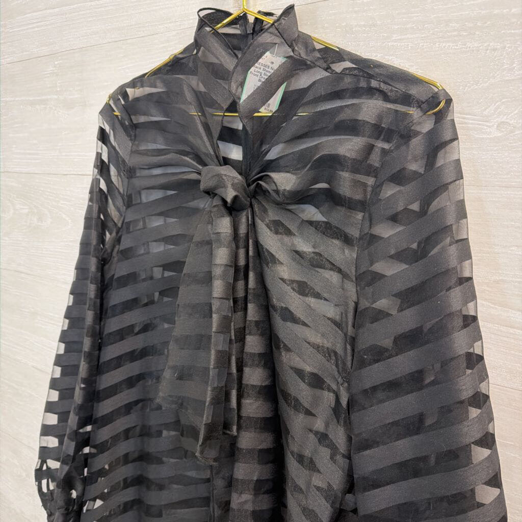 Black Sheer Striped Long Sleeve Tie Front Dress Medium
