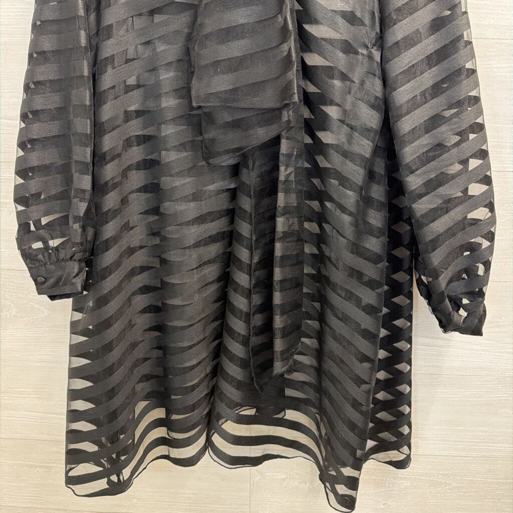 Black Sheer Striped Long Sleeve Tie Front Dress Medium