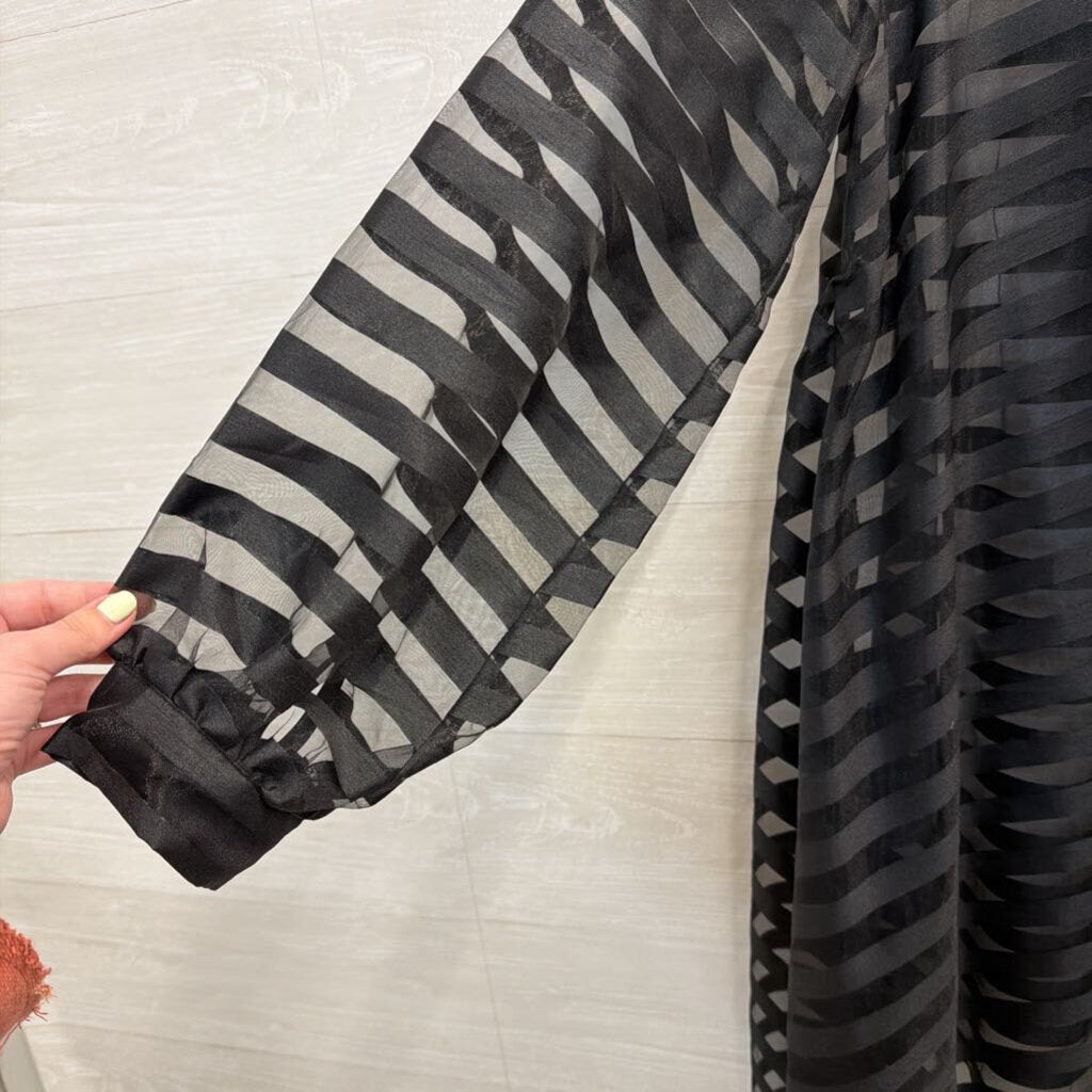 Black Sheer Striped Long Sleeve Tie Front Dress Medium