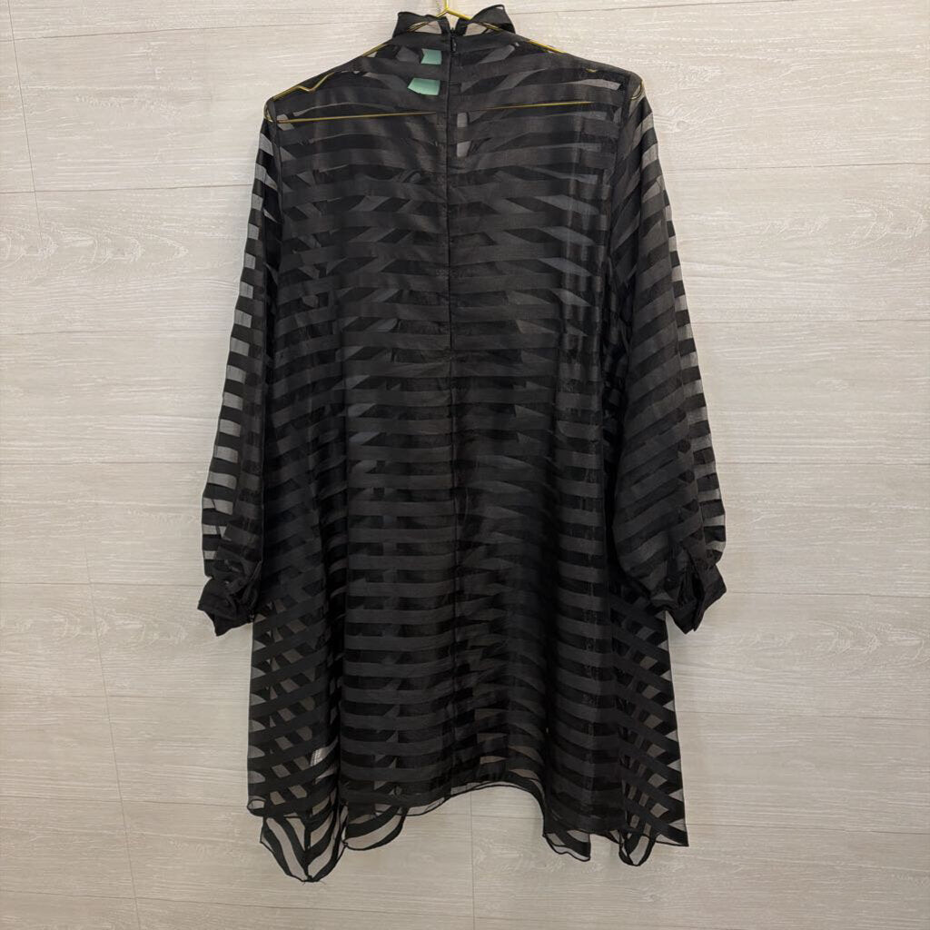 Black Sheer Striped Long Sleeve Tie Front Dress Medium