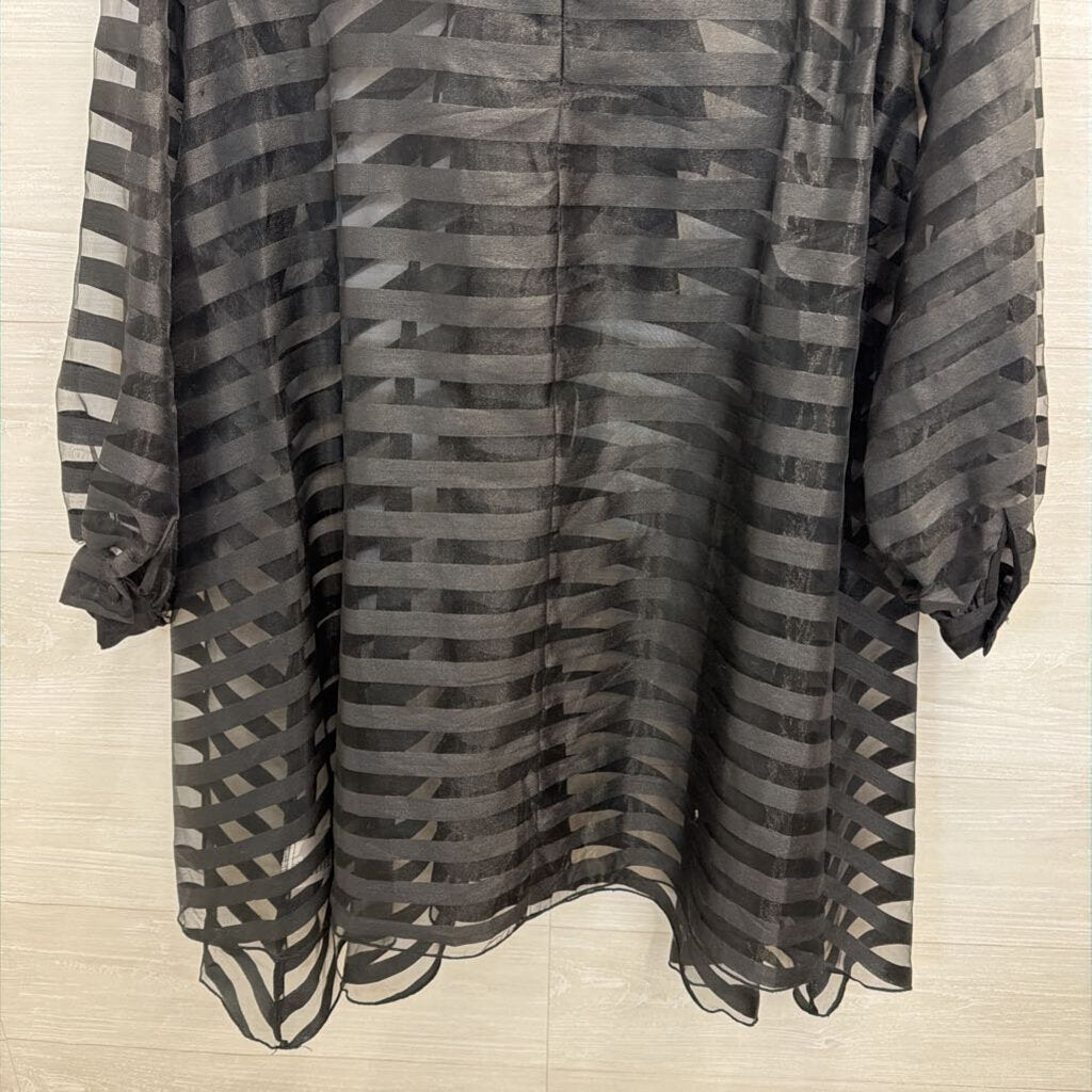 Black Sheer Striped Long Sleeve Tie Front Dress Medium