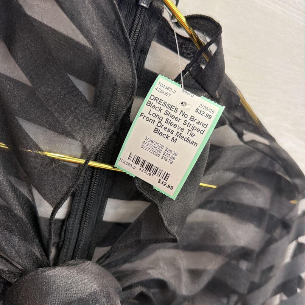 Black Sheer Striped Long Sleeve Tie Front Dress Medium