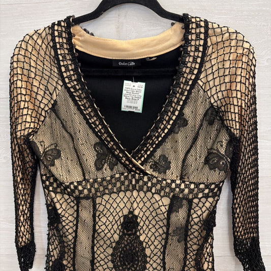 Dolce Cabo Black/ Beige Beaded Layered Lace Long Sleeve Top Medium