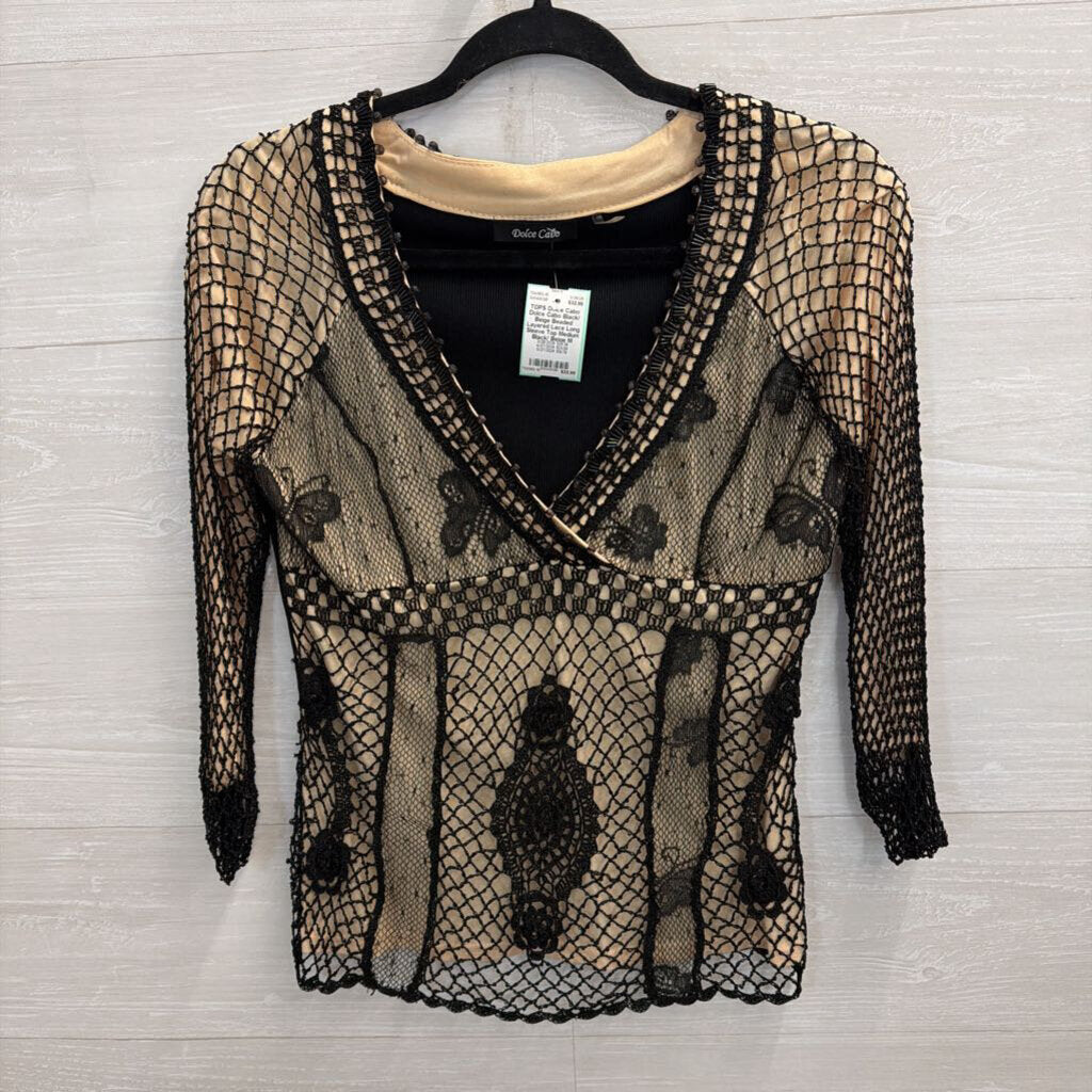 Dolce Cabo Black/ Beige Beaded Layered Lace Long Sleeve Top Medium
