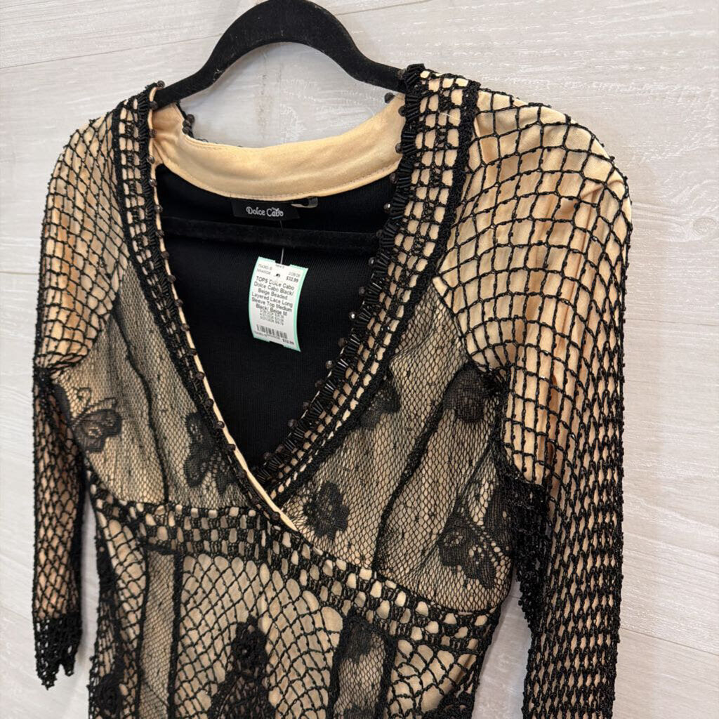 Dolce Cabo Black/ Beige Beaded Layered Lace Long Sleeve Top Medium