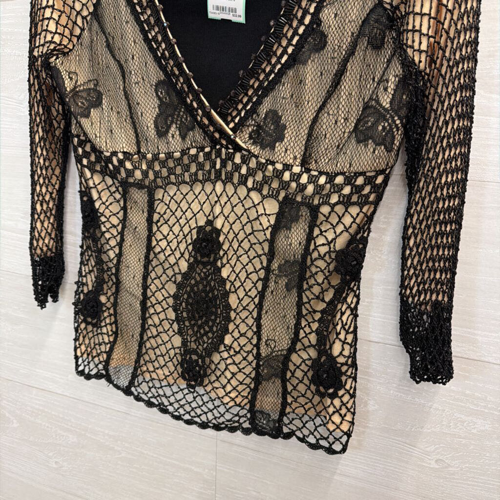 Dolce Cabo Black/ Beige Beaded Layered Lace Long Sleeve Top Medium