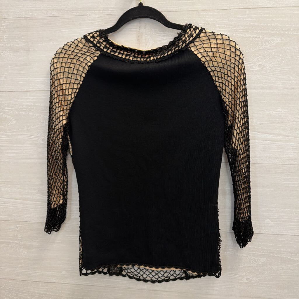 Dolce Cabo Black/ Beige Beaded Layered Lace Long Sleeve Top Medium