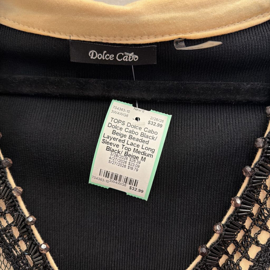 Dolce Cabo Black/ Beige Beaded Layered Lace Long Sleeve Top Medium
