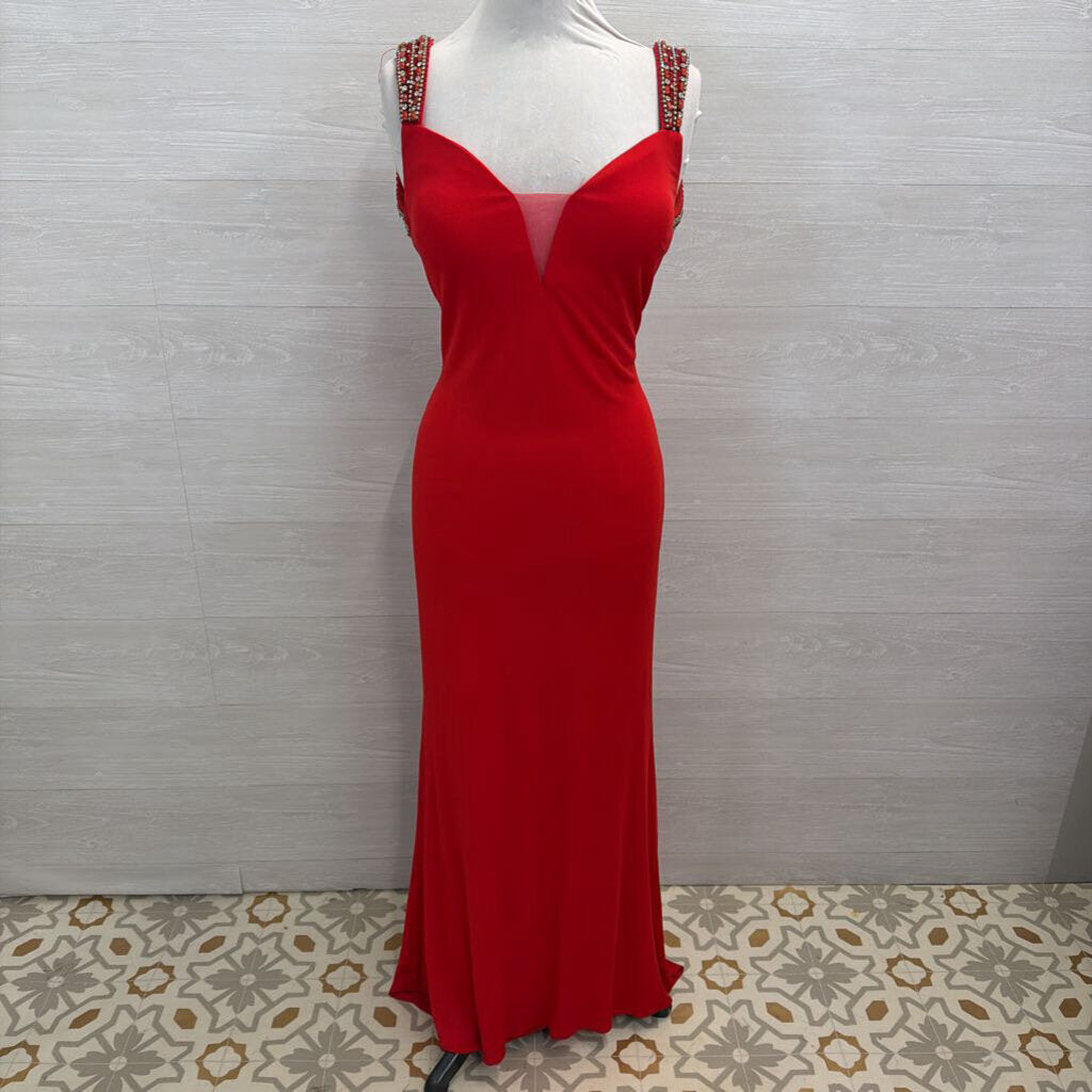 Blush Red Beaded Strap Long Formal Dres 14