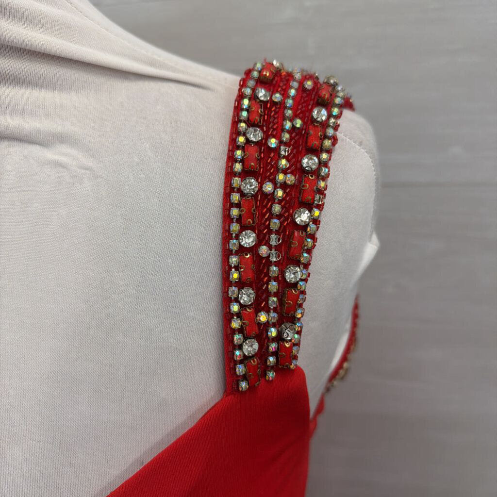 Blush Red Beaded Strap Long Formal Dres 14