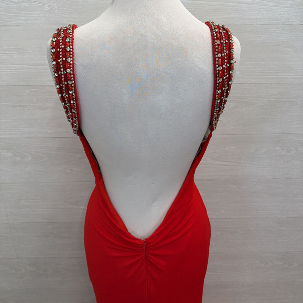 Blush Red Beaded Strap Long Formal Dres 14