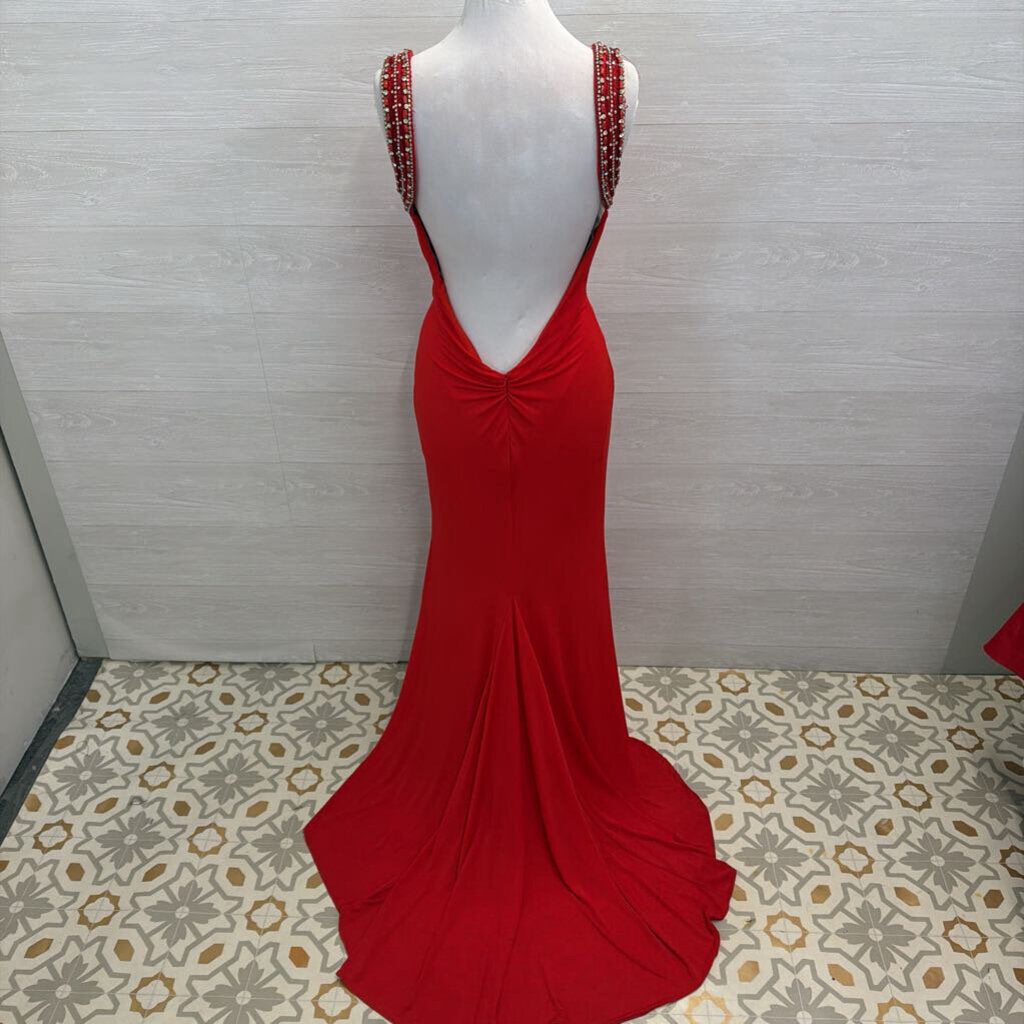 Blush Red Beaded Strap Long Formal Dres 14