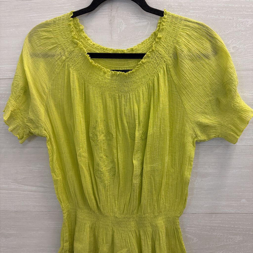 Cynthia Rowley Green Textured Smocked Detail Short Sleeve Top Medium
