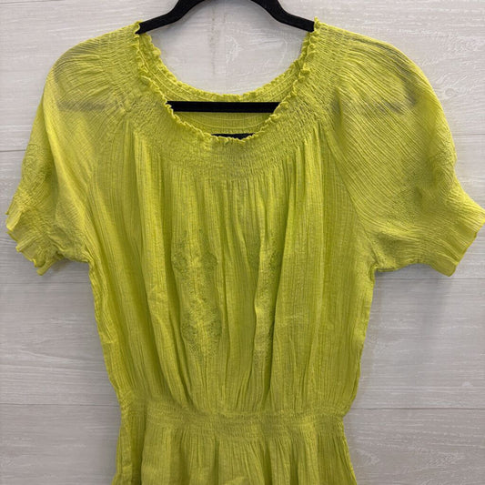 Cynthia Rowley Green Textured Smocked Detail Short Sleeve Top Medium