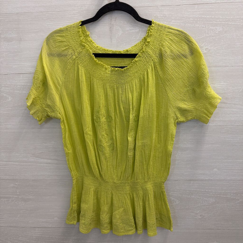 Cynthia Rowley Green Textured Smocked Detail Short Sleeve Top Medium
