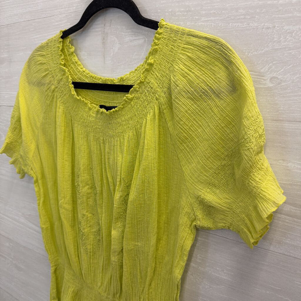 Cynthia Rowley Green Textured Smocked Detail Short Sleeve Top Medium