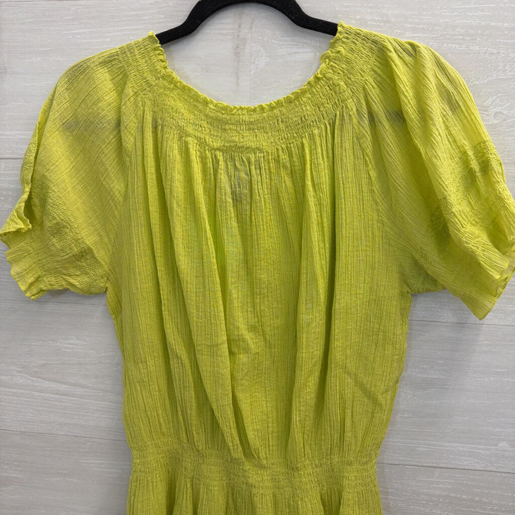 Cynthia Rowley Green Textured Smocked Detail Short Sleeve Top Medium