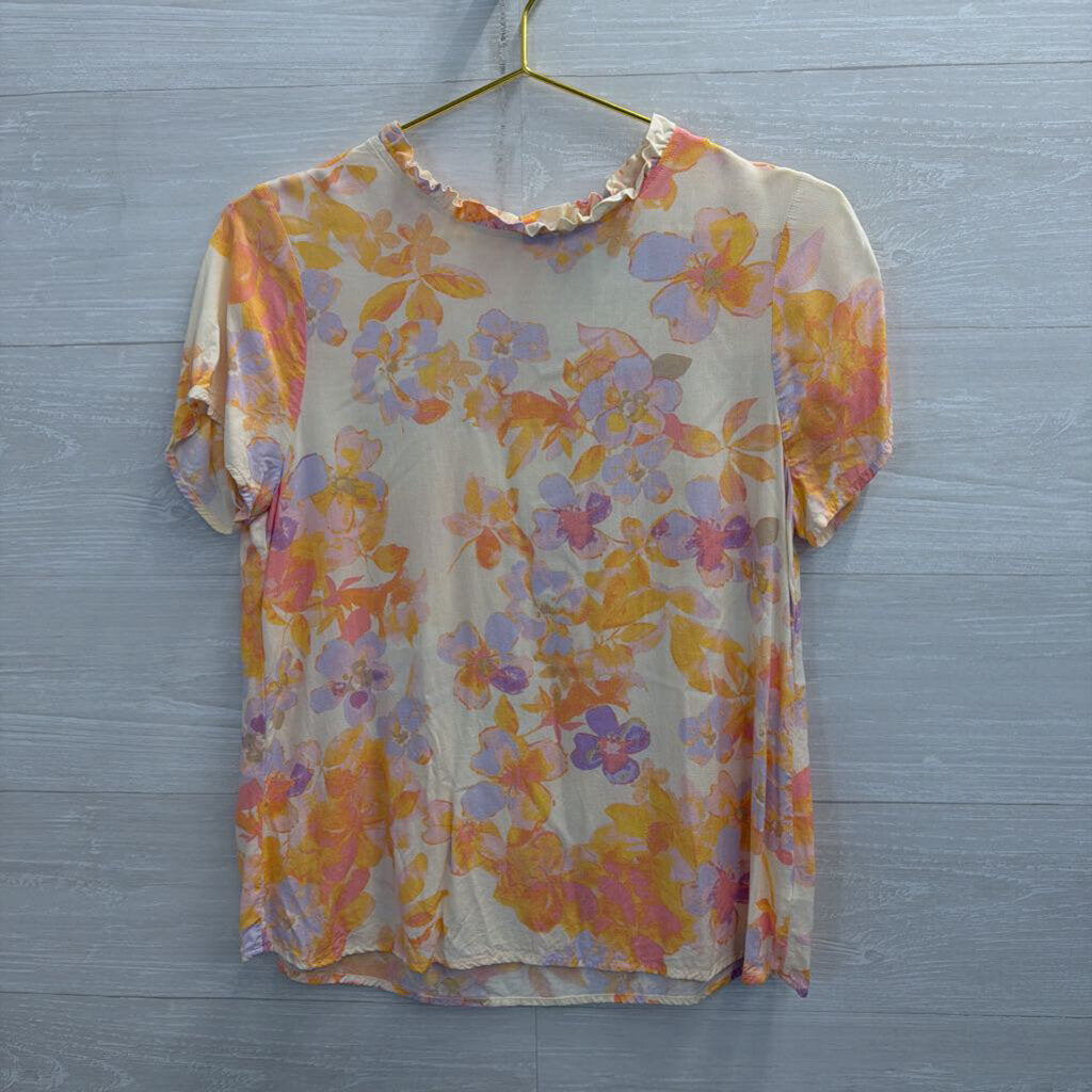 Emily Wonder Orange/ Multi Floral Print Short Sleeve Top Medium