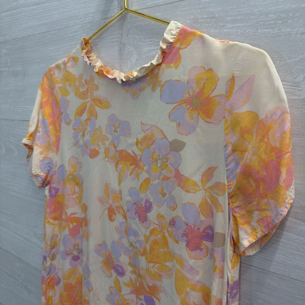 Emily Wonder Orange/ Multi Floral Print Short Sleeve Top Medium