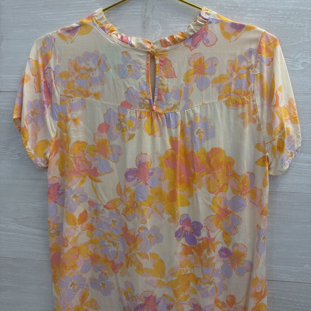 Emily Wonder Orange/ Multi Floral Print Short Sleeve Top Medium