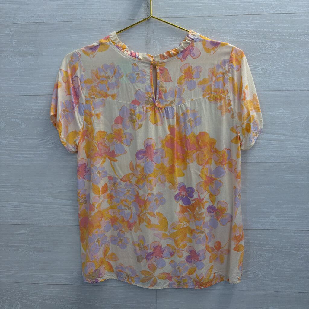 Emily Wonder Orange/ Multi Floral Print Short Sleeve Top Medium
