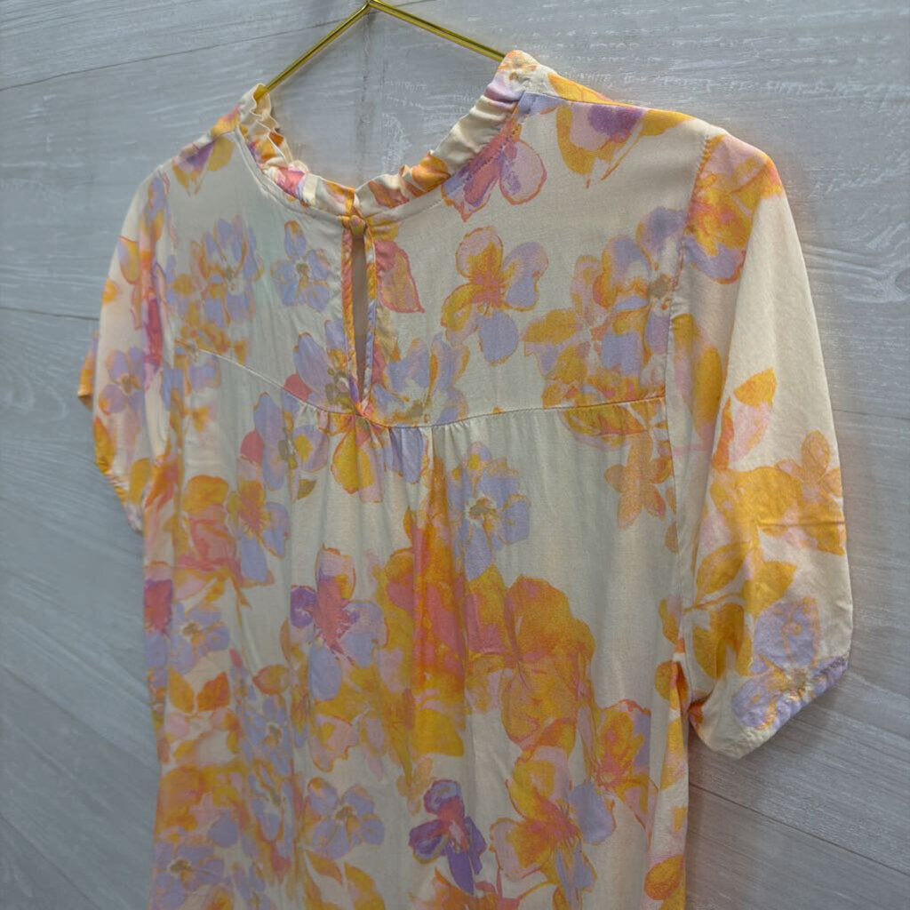 Emily Wonder Orange/ Multi Floral Print Short Sleeve Top Medium