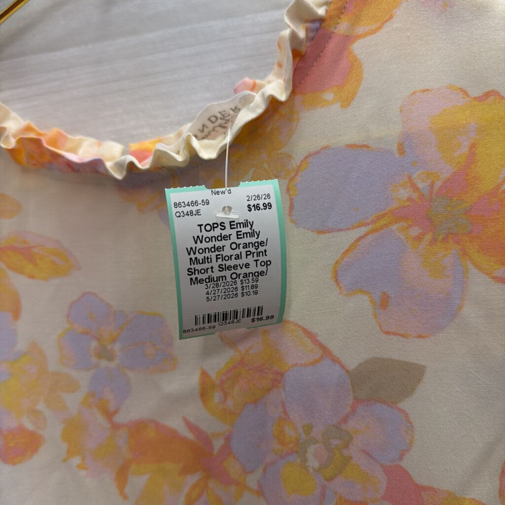 Emily Wonder Orange/ Multi Floral Print Short Sleeve Top Medium