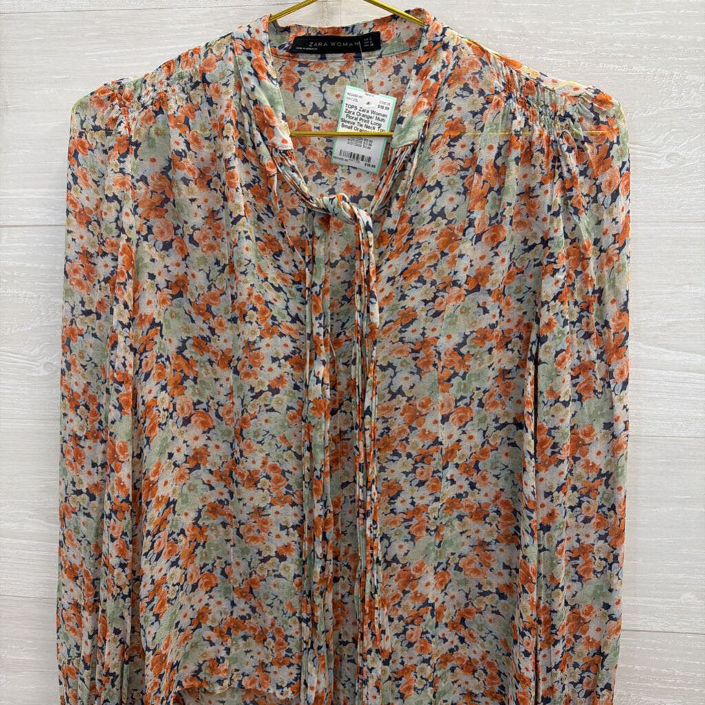 Zara Orange/ Multi Floral Print Long Sleeve Tie Neck Top Small
