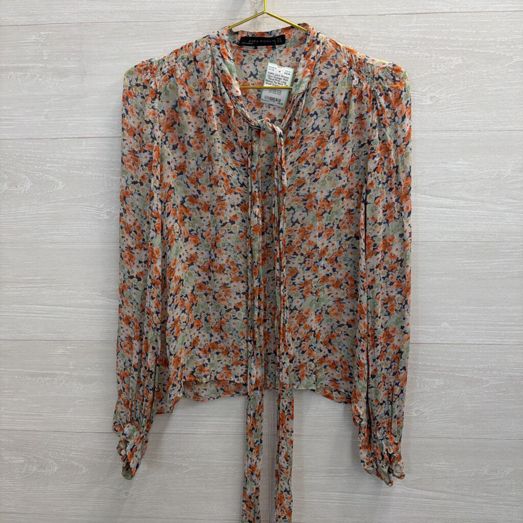 Zara Orange/ Multi Floral Print Long Sleeve Tie Neck Top Small