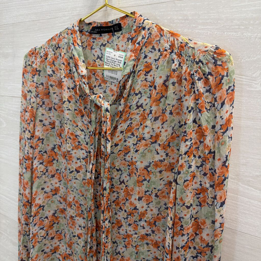 Zara Orange/ Multi Floral Print Long Sleeve Tie Neck Top Small