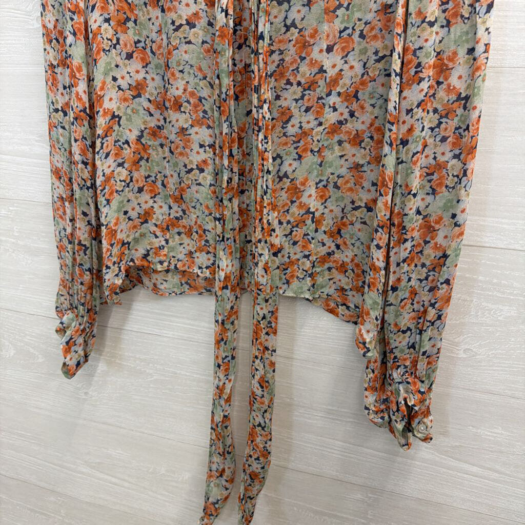 Zara Orange/ Multi Floral Print Long Sleeve Tie Neck Top Small