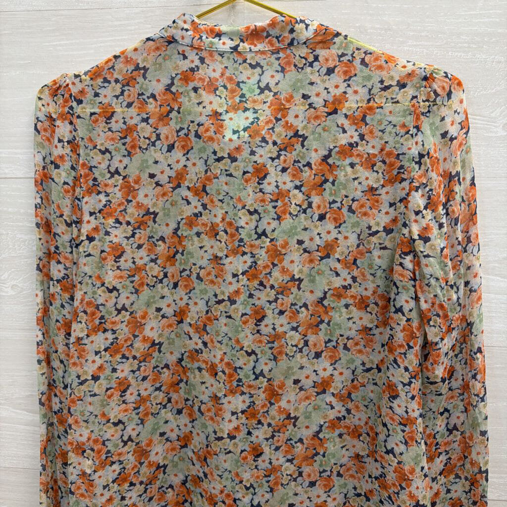 Zara Orange/ Multi Floral Print Long Sleeve Tie Neck Top Small