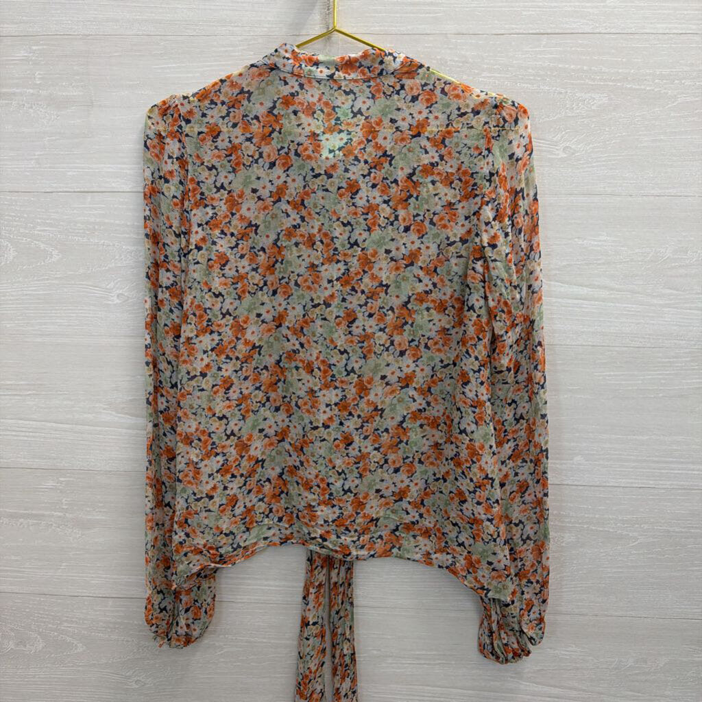 Zara Orange/ Multi Floral Print Long Sleeve Tie Neck Top Small
