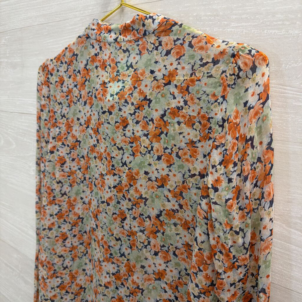 Zara Orange/ Multi Floral Print Long Sleeve Tie Neck Top Small