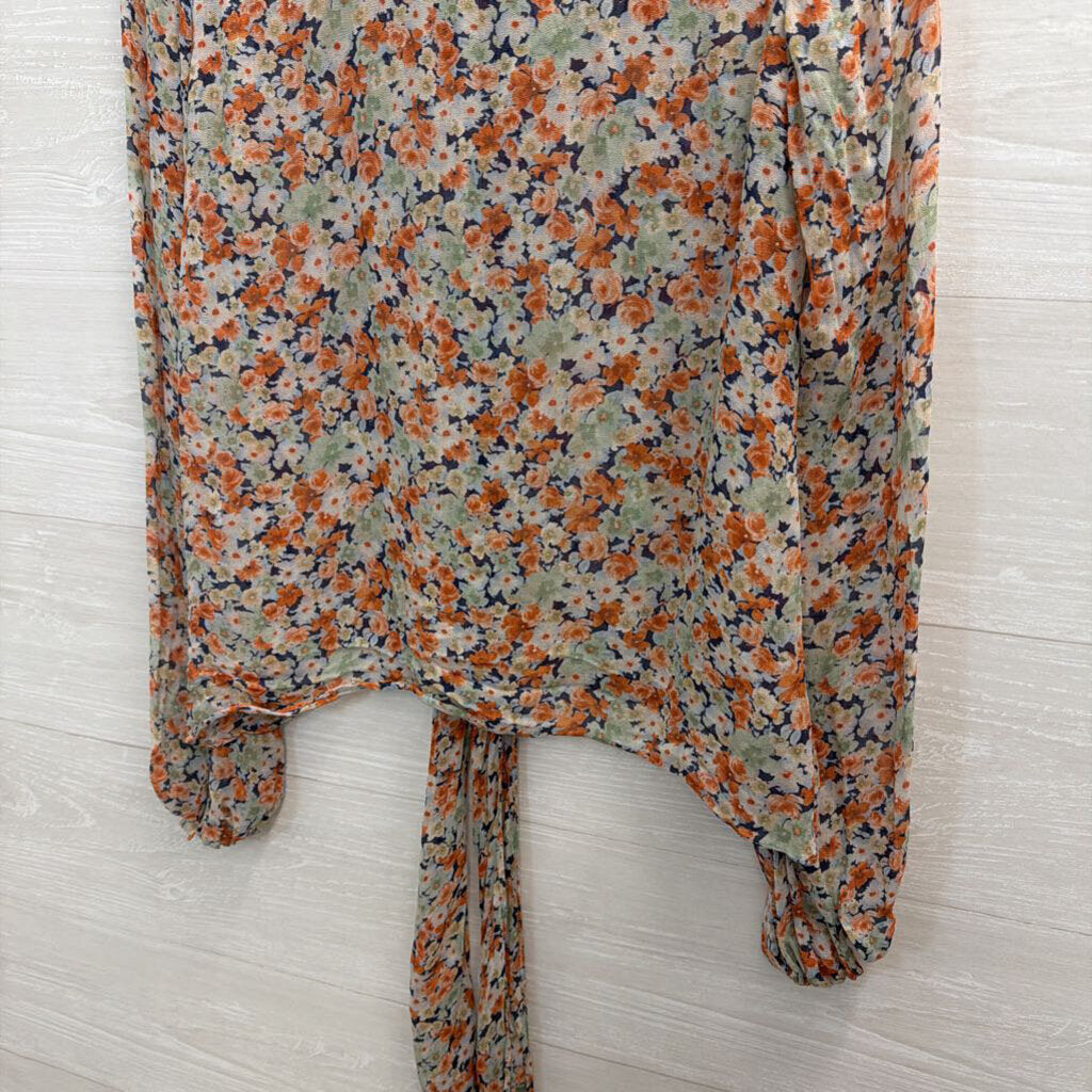 Zara Orange/ Multi Floral Print Long Sleeve Tie Neck Top Small