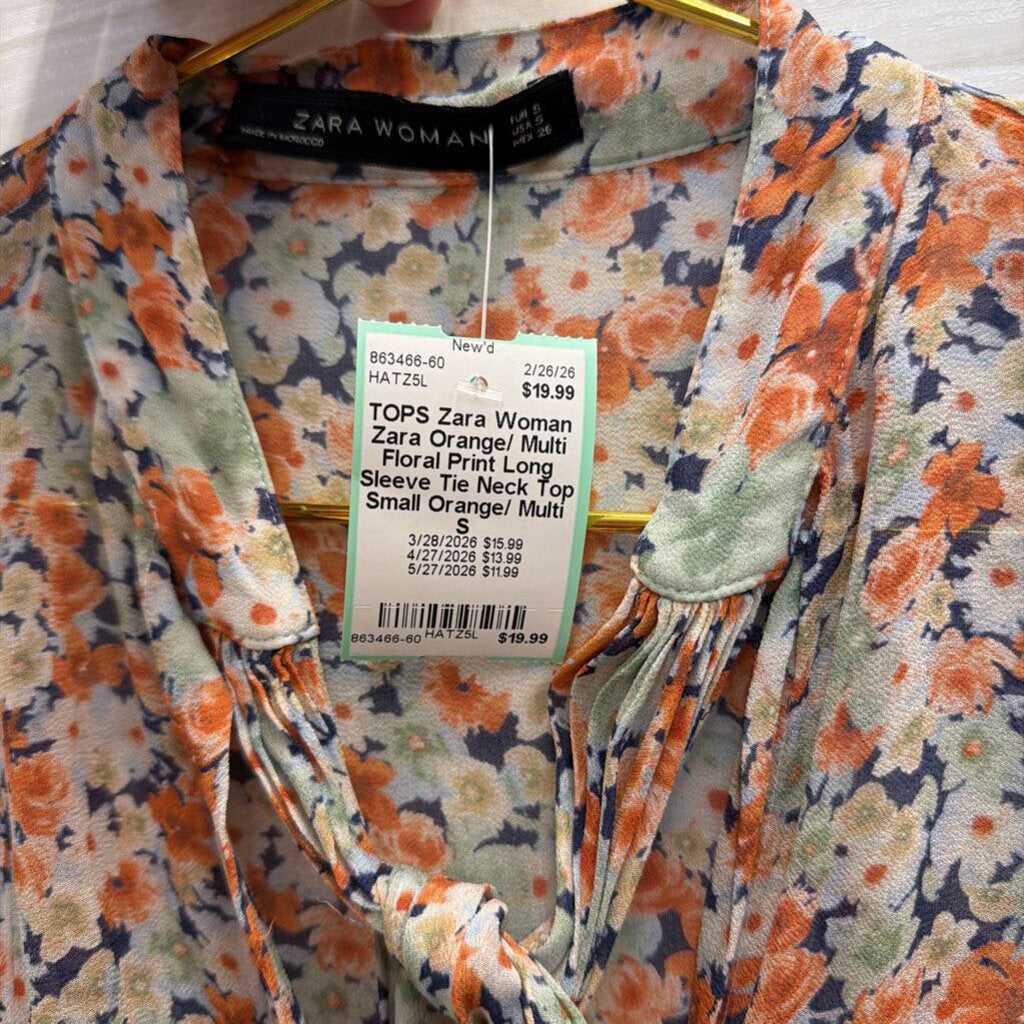 Zara Orange/ Multi Floral Print Long Sleeve Tie Neck Top Small