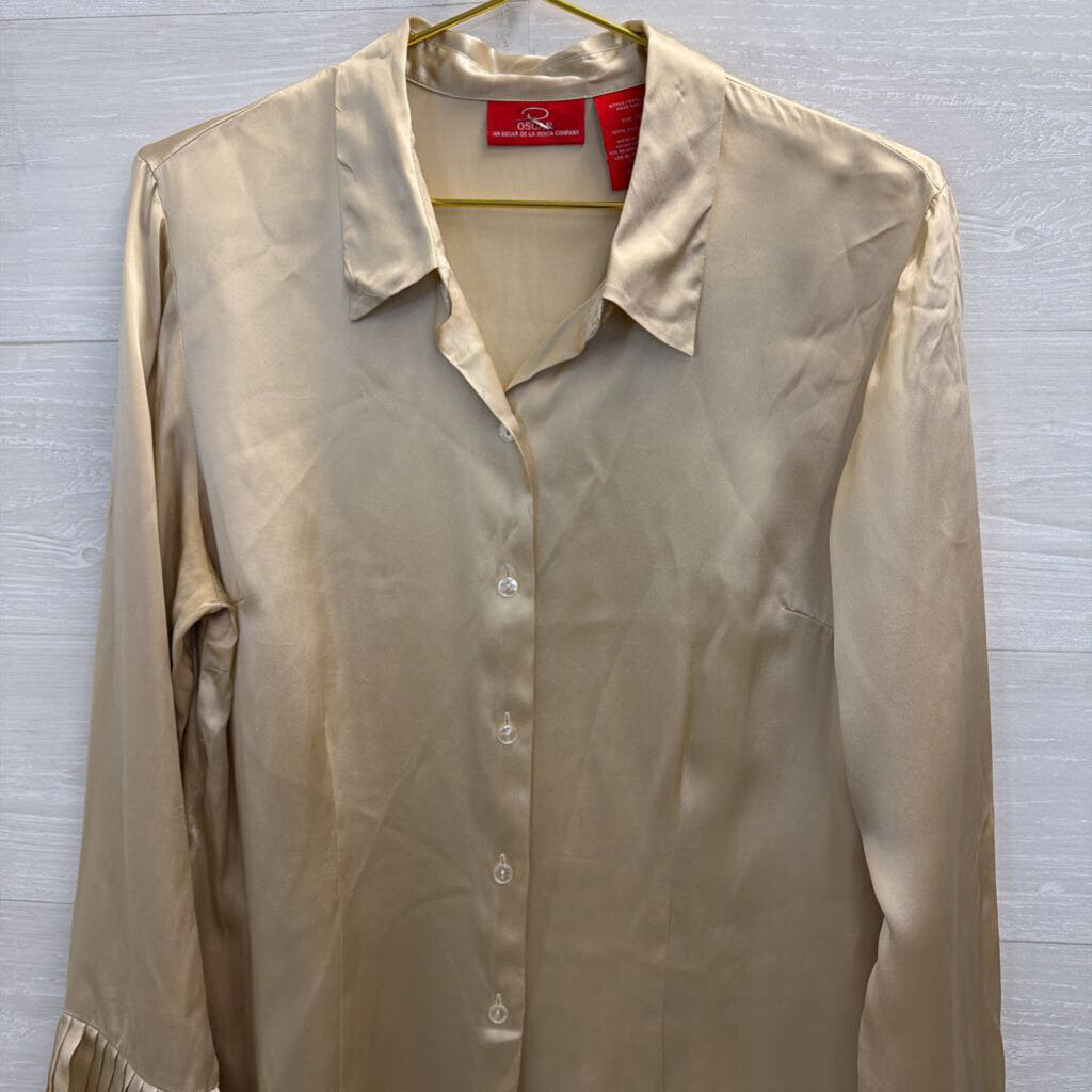 Oscar Gold 100% Silk Long Sleeve Button Down Top 14