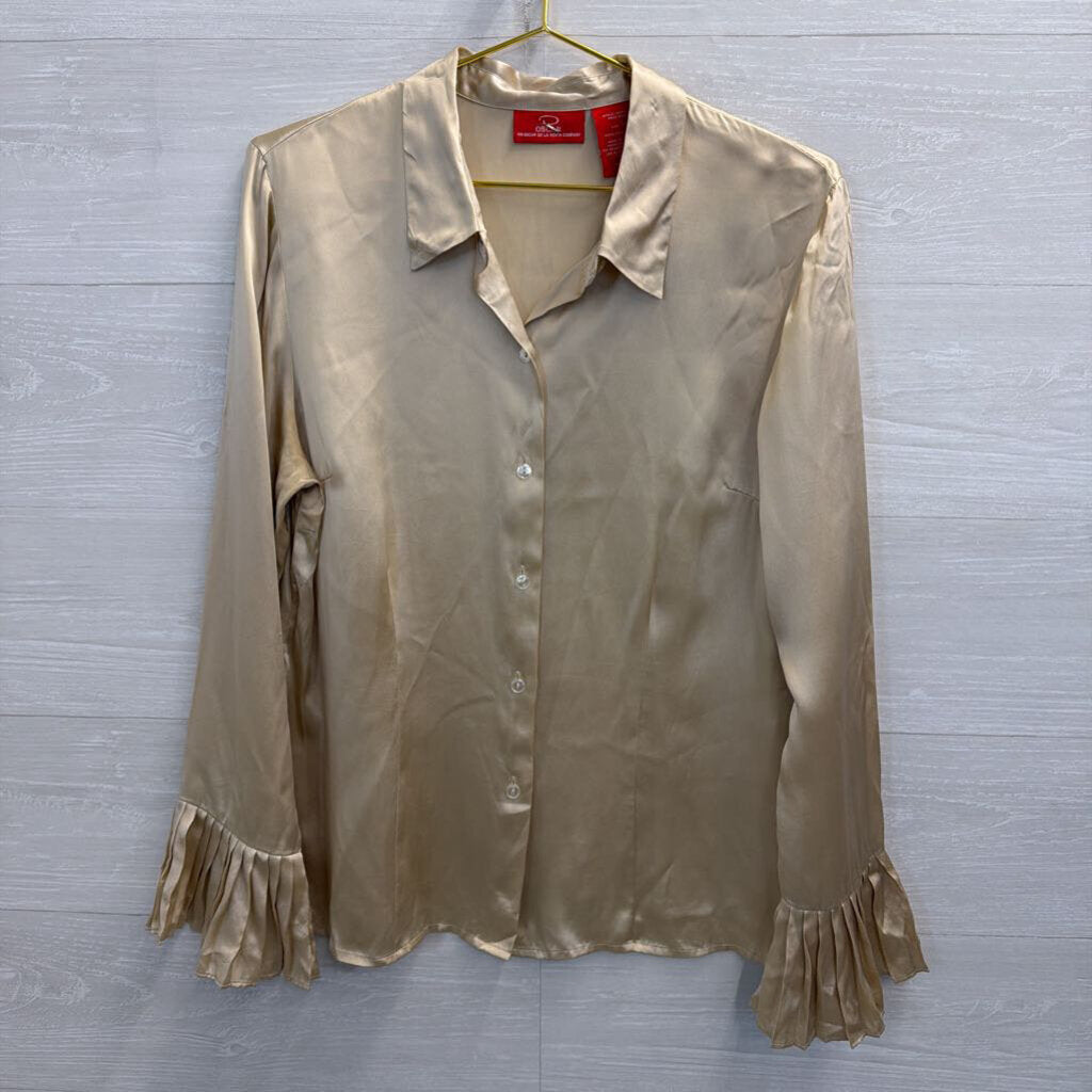 Oscar Gold 100% Silk Long Sleeve Button Down Top 14