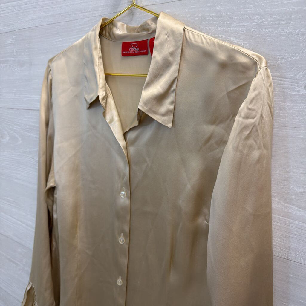 Oscar Gold 100% Silk Long Sleeve Button Down Top 14