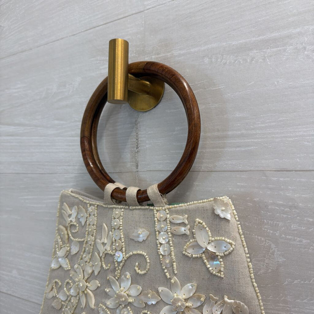 Small Grey/ Ivory Beaded Wooden Handle Purse