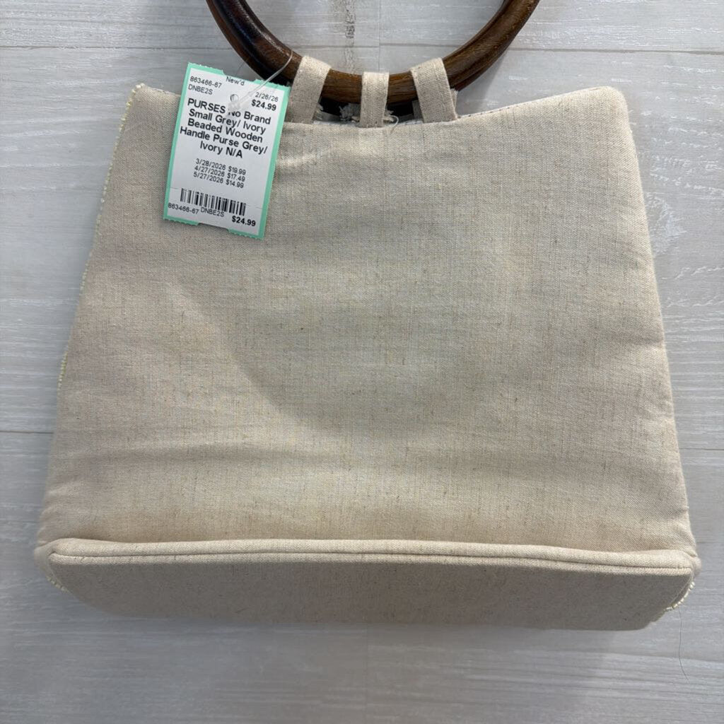 Small Grey/ Ivory Beaded Wooden Handle Purse