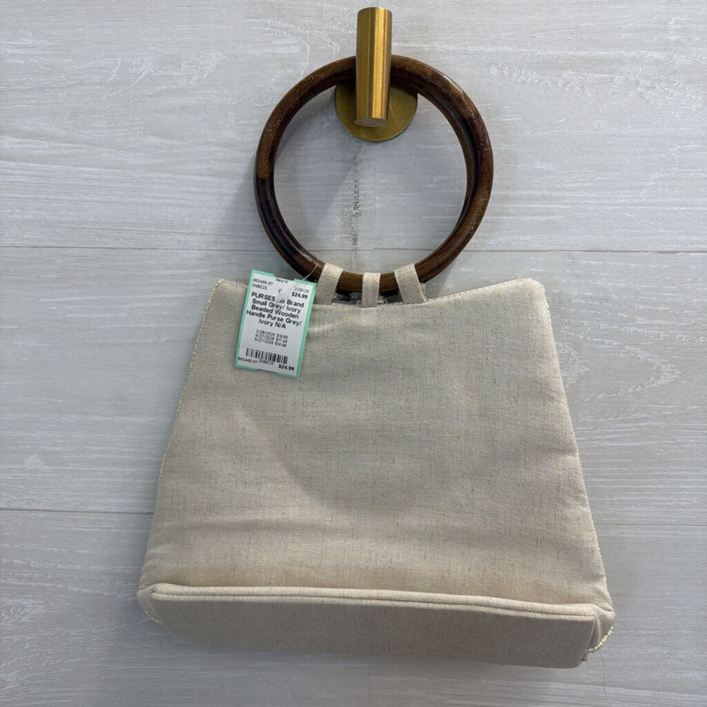 Small Grey/ Ivory Beaded Wooden Handle Purse