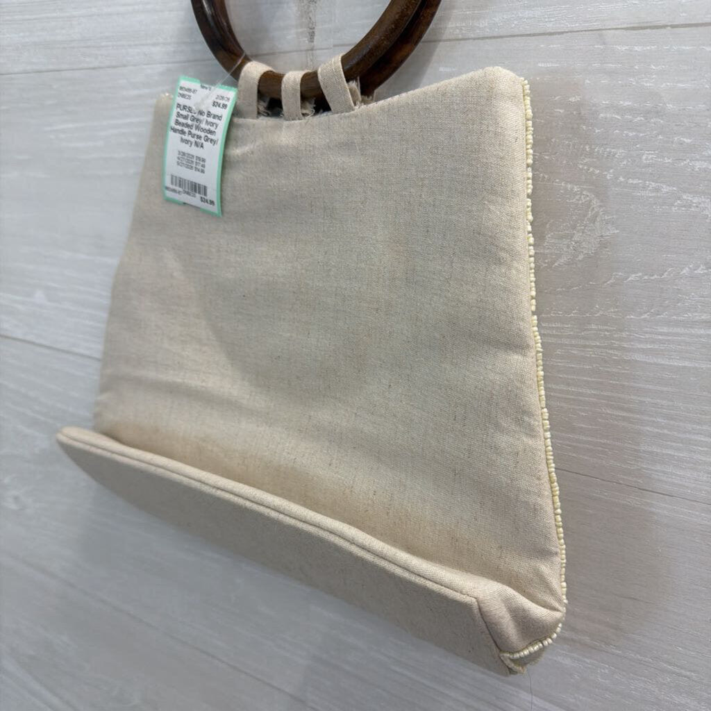Small Grey/ Ivory Beaded Wooden Handle Purse