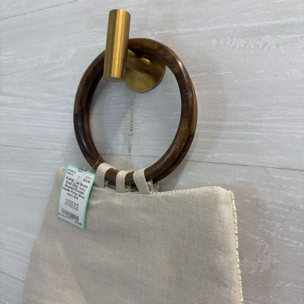 Small Grey/ Ivory Beaded Wooden Handle Purse