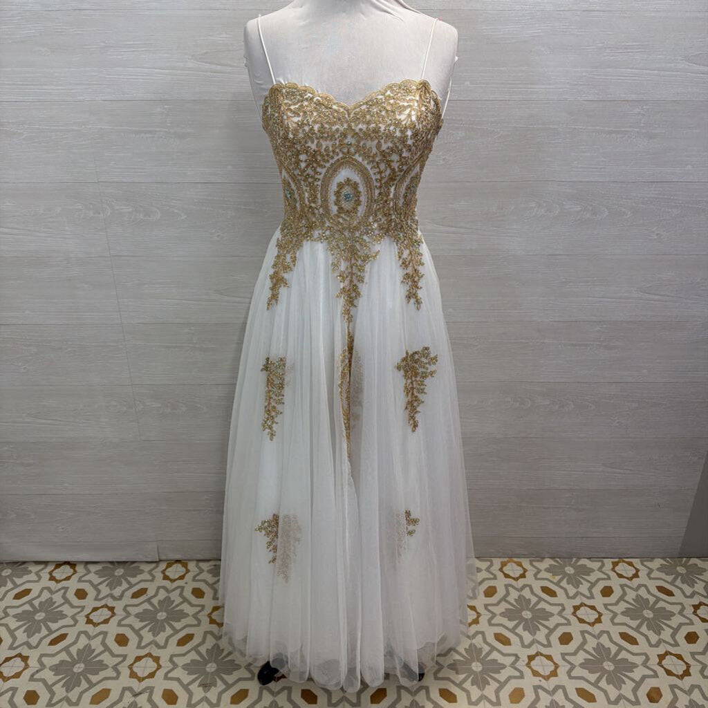 Say Yes White/ Gold Lace Top Tulle Skirt Long Formal Dress 7/8