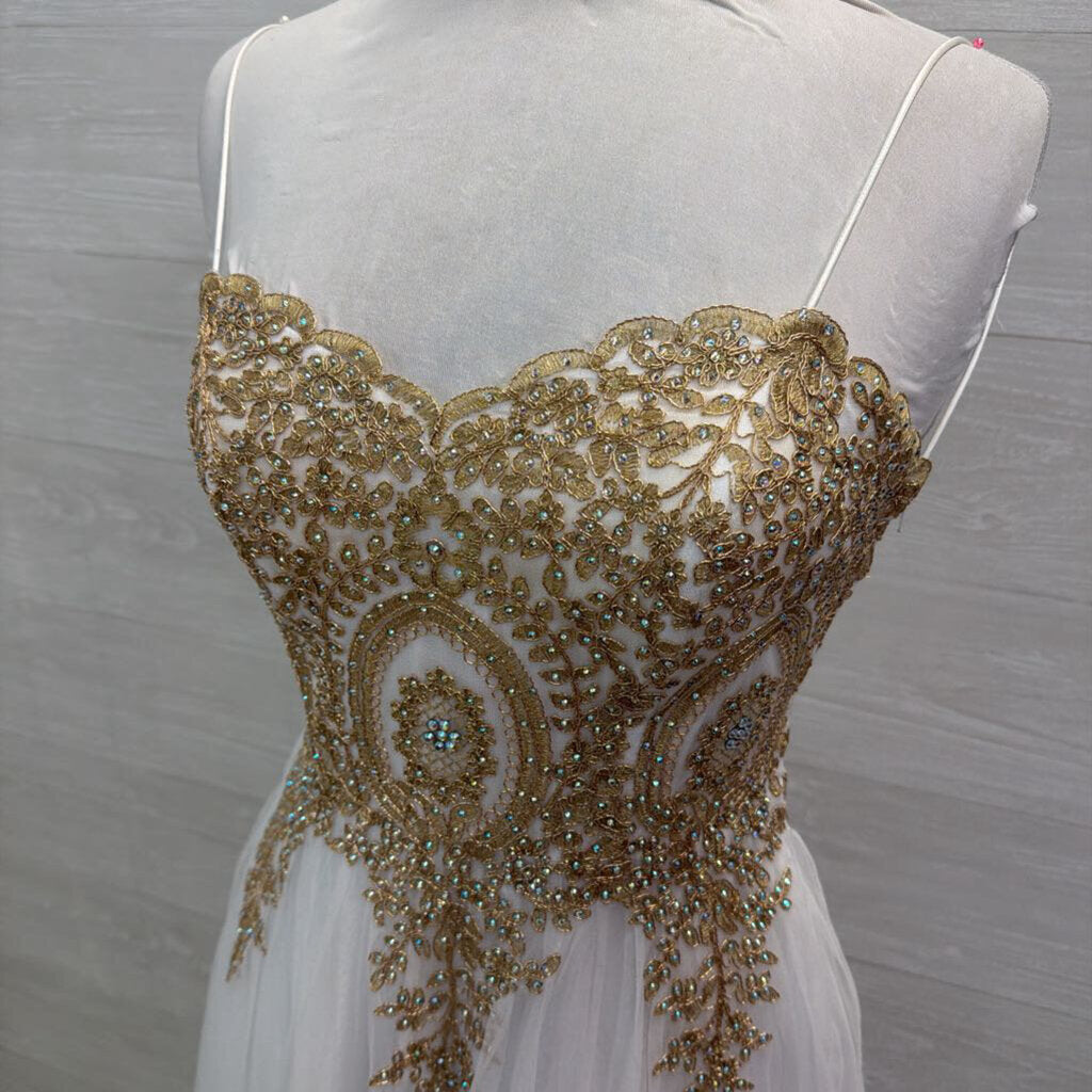 Say Yes White/ Gold Lace Top Tulle Skirt Long Formal Dress 7/8