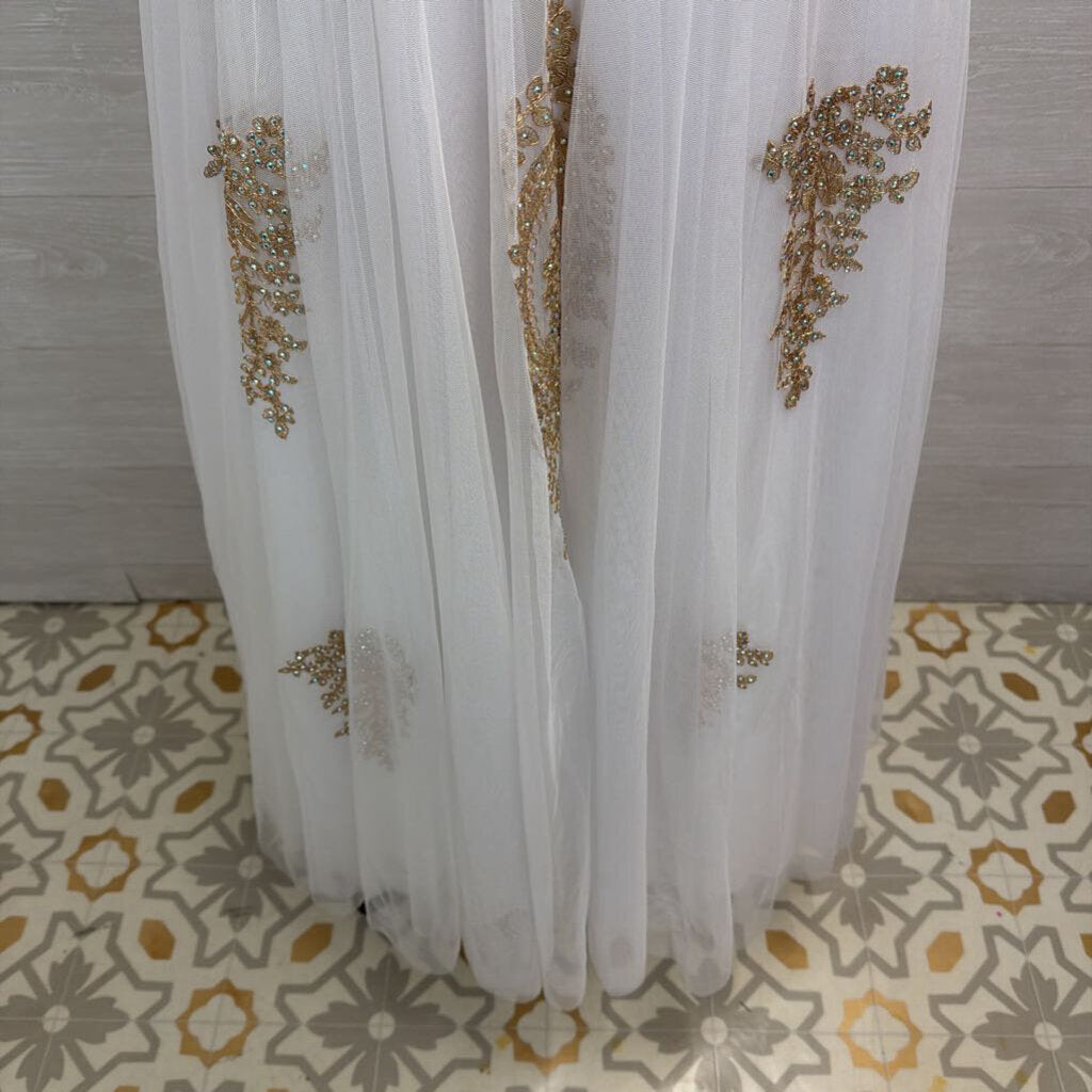 Say Yes White/ Gold Lace Top Tulle Skirt Long Formal Dress 7/8