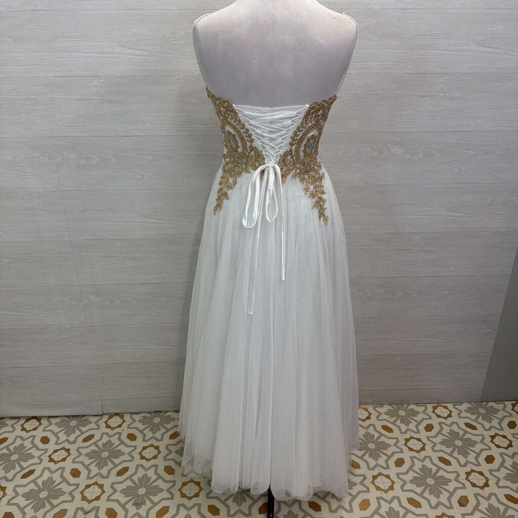 Say Yes White/ Gold Lace Top Tulle Skirt Long Formal Dress 7/8